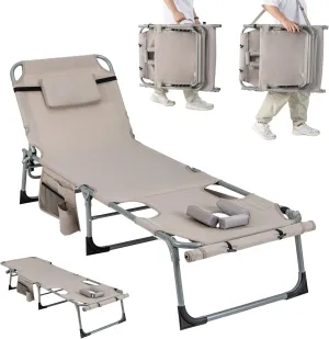 Giantex Tanning Chair, 400Lbs Beach Chair with 5 Adjustable Position, Face & Arm Hole, Hand/Shoulder Strap, Removable Pillow, Side Pocket, Chaise Lounger, Lounge Chair for Sunbathing Outdoor, Beige