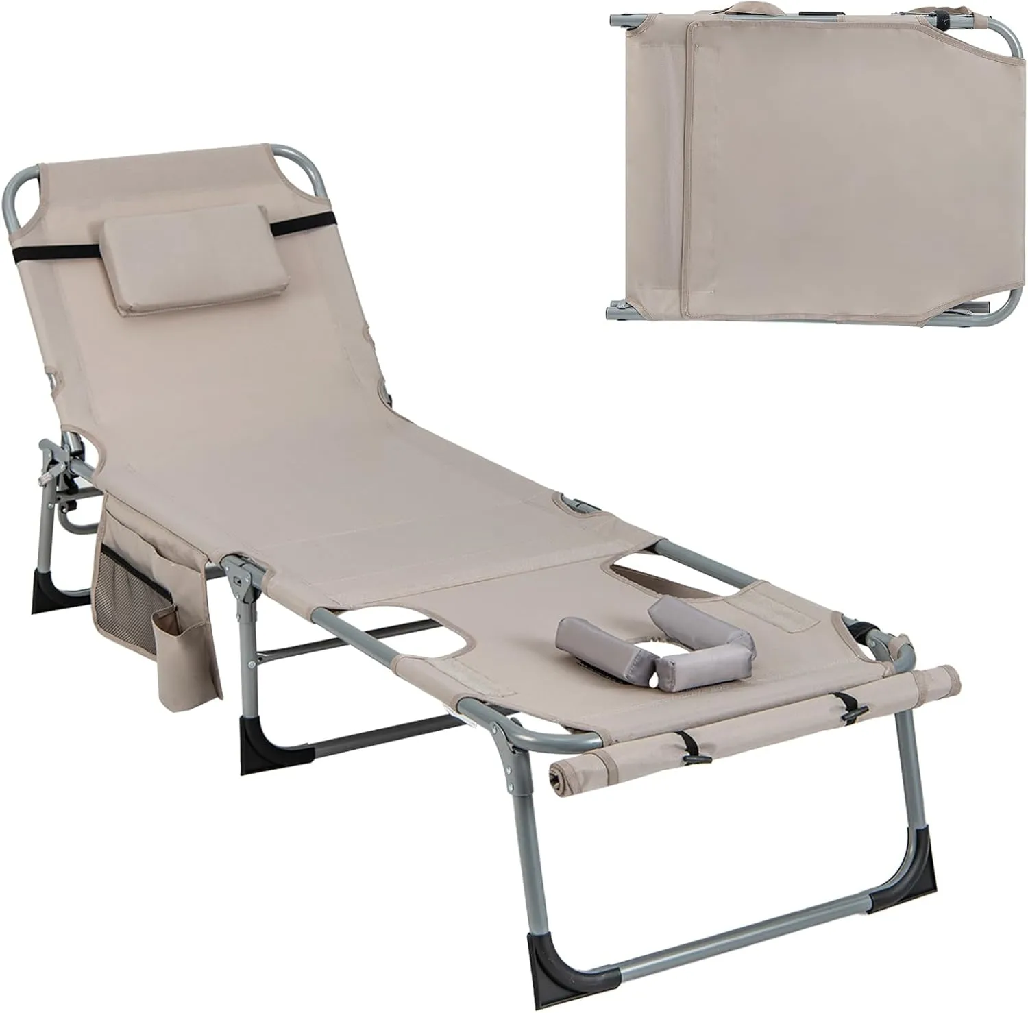 Giantex Tanning Chair, 400Lbs Beach Chair with 5 Adjustable Position, Face & Arm Hole, Hand/Shoulder Strap, Removable Pillow, Side Pocket, Chaise Lounger, Lounge Chair for Sunbathing Outdoor, Beige