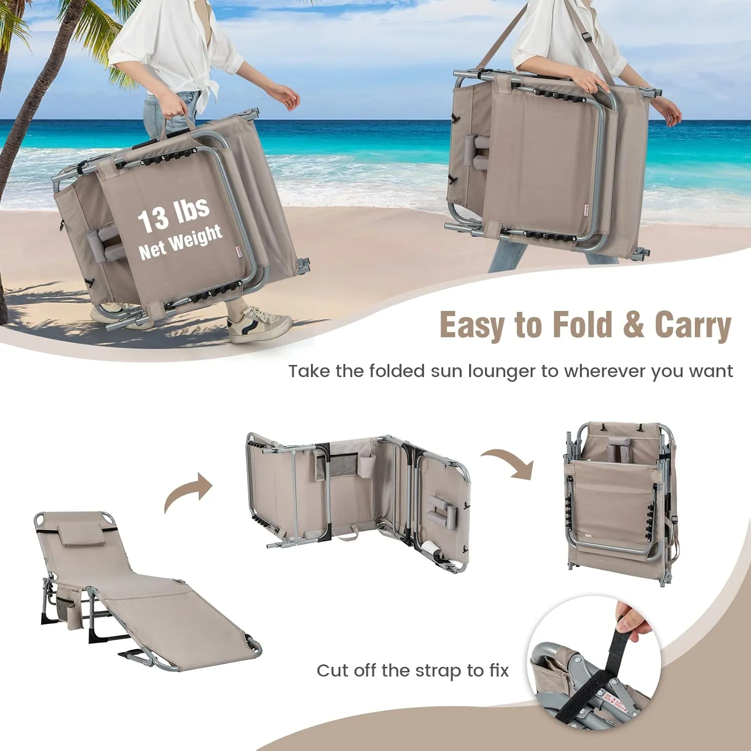 Giantex Tanning Chair, 400Lbs Beach Chair with 5 Adjustable Position, Face & Arm Hole, Hand/Shoulder Strap, Removable Pillow, Side Pocket, Chaise Lounger, Lounge Chair for Sunbathing Outdoor, Beige