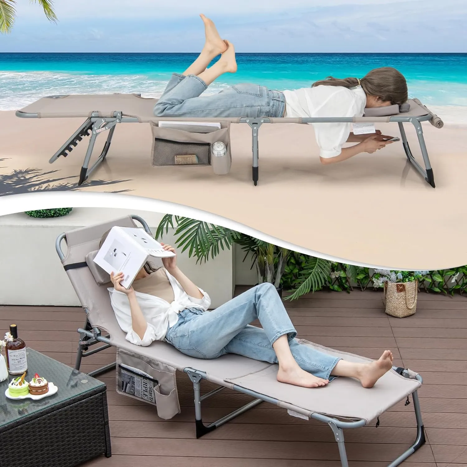Giantex Tanning Chair, 400Lbs Beach Chair with 5 Adjustable Position, Face & Arm Hole, Hand/Shoulder Strap, Removable Pillow, Side Pocket, Chaise Lounger, Lounge Chair for Sunbathing Outdoor, Beige