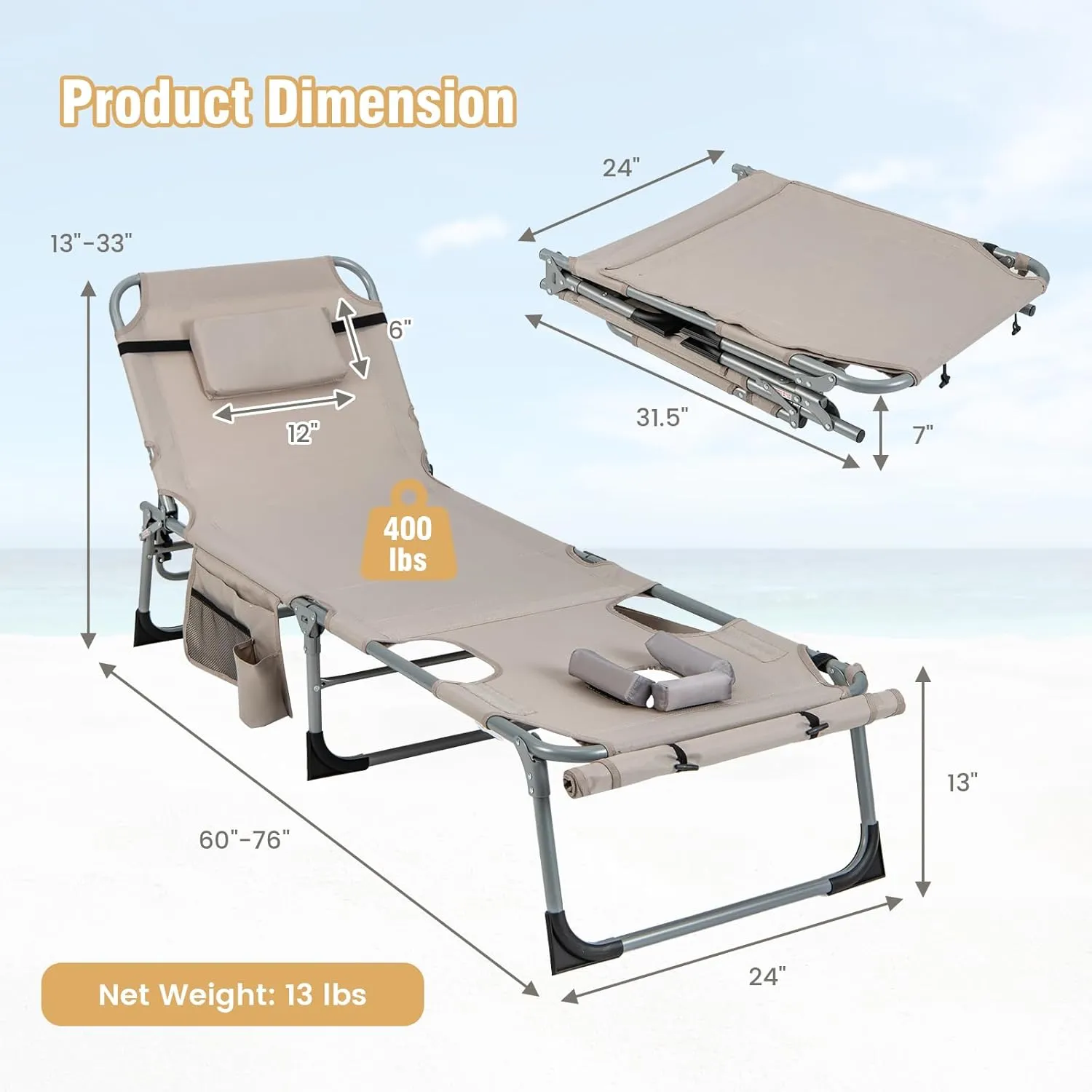 Giantex Tanning Chair, 400Lbs Beach Chair with 5 Adjustable Position, Face & Arm Hole, Hand/Shoulder Strap, Removable Pillow, Side Pocket, Chaise Lounger, Lounge Chair for Sunbathing Outdoor, Beige