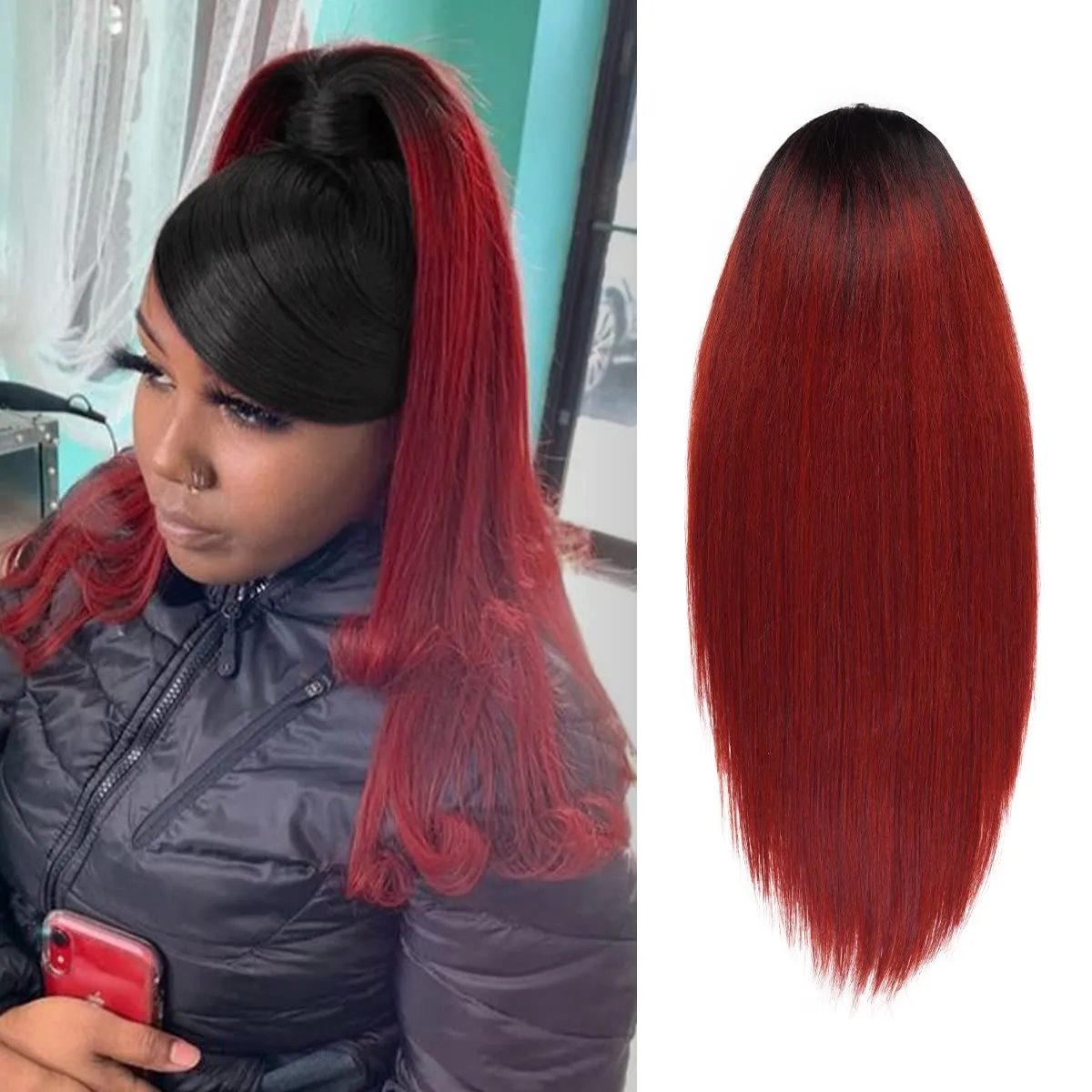 GLAM21USA Straight 18 Inch Long Drawstring Ponytail Extension for Black Women Natural Clip in Hair Extension Fake Ponytail Synthetic Hair Piece (18 Inch, OTREDWINE)