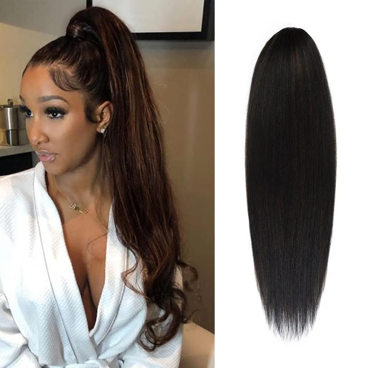 GLAM21USA Straight 28 Inch Long Drawstring Ponytail Extension for Black Women Natural Clip in Hair Extension Fake Ponytail Synthetic Hair Piece (28 Inch, FS1B/30)