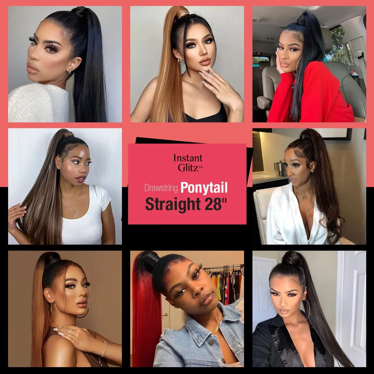 GLAM21USA Straight 28 Inch Long Drawstring Ponytail Extension for Black Women Natural Clip in Hair Extension Fake Ponytail Synthetic Hair Piece (28 Inch, FS1B/30)