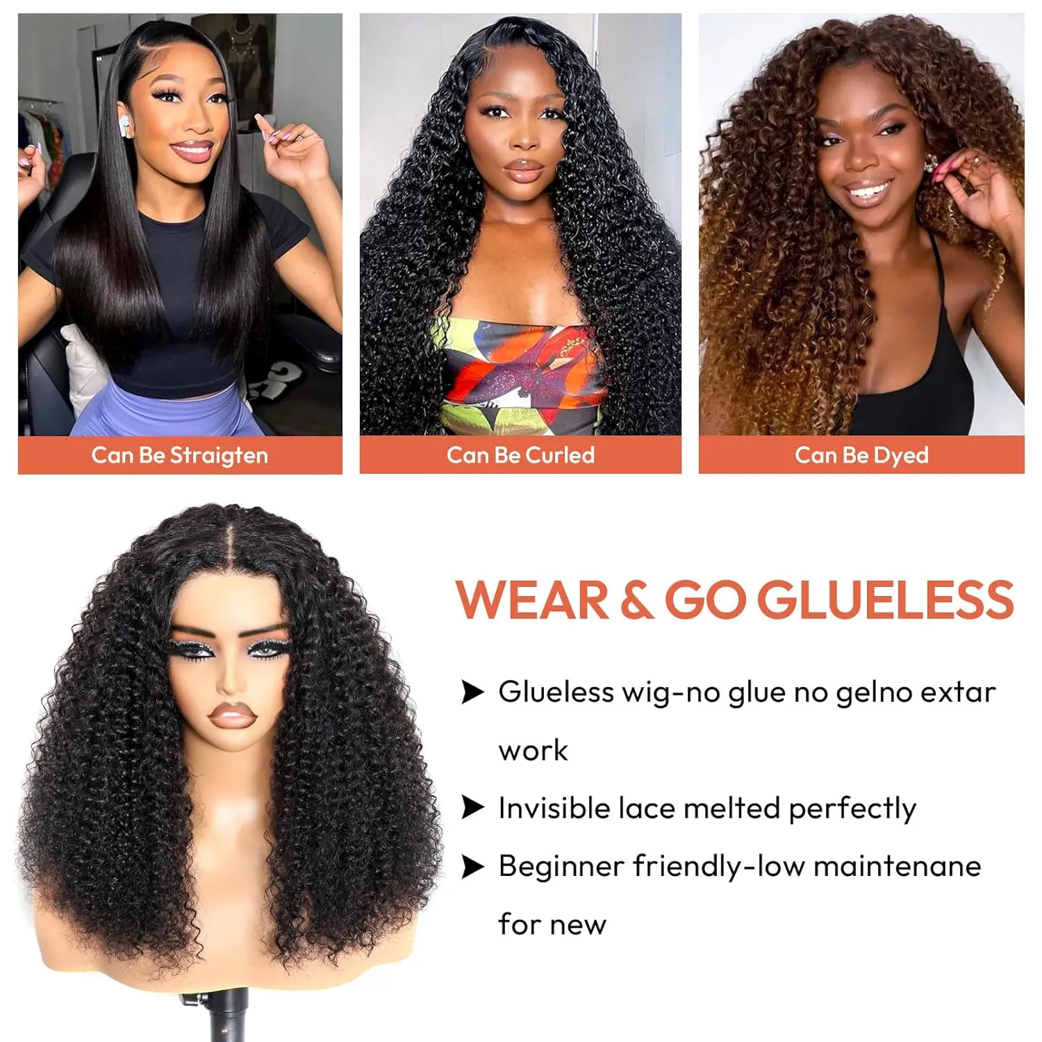 Glueless Wigs Human Hair Pre Plucked Pre Cut 200% Density 13x4 HD Lace Front Wigs Human Hair Curly Wet and Wavy Wig Lace Frontal Human Hair Wigs for Women Natural Black 18 Inch