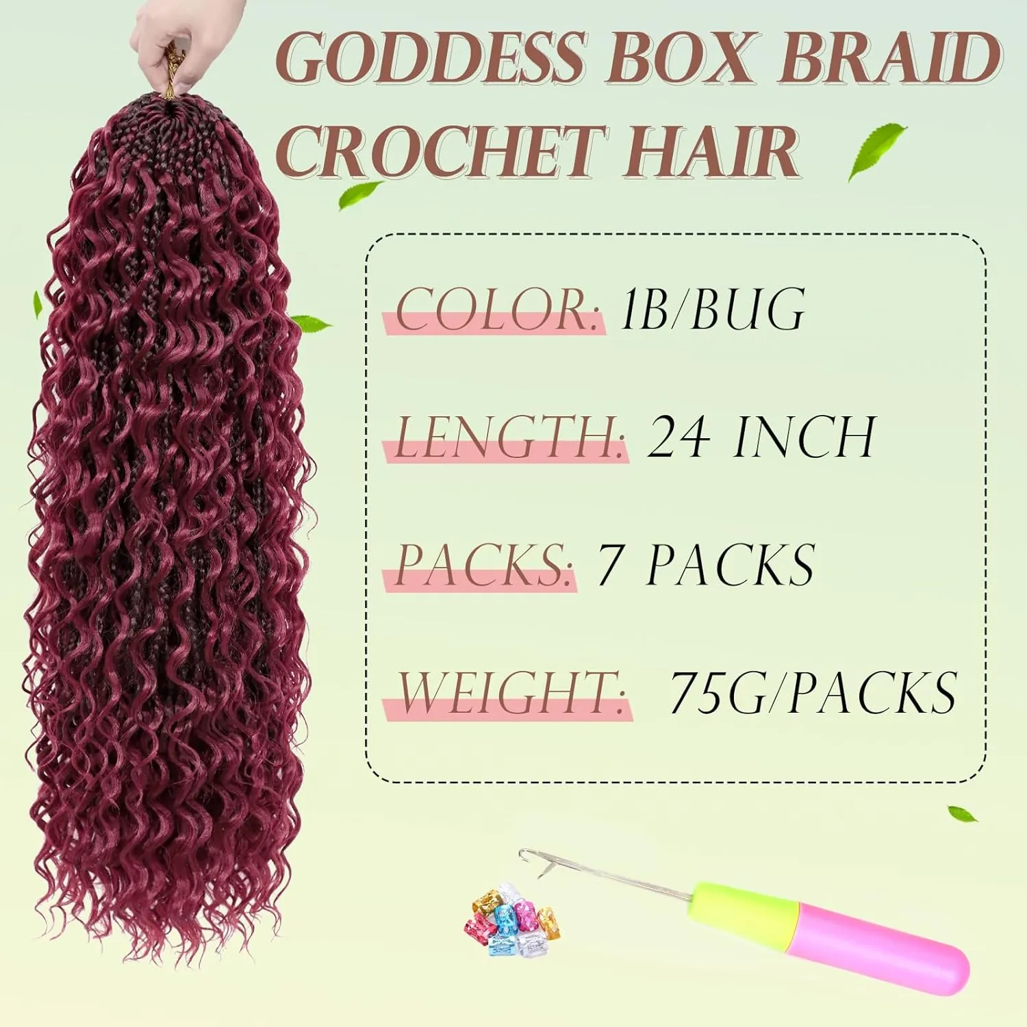 Goddess Box Braids Crochet Hair for Black Women 24 Inch 7 Packs Burgundy Boho Crochet Box Braids with Curly Ends Pre Looped Bohomian Synthetic Braiding Hair Extensions 1b/bug