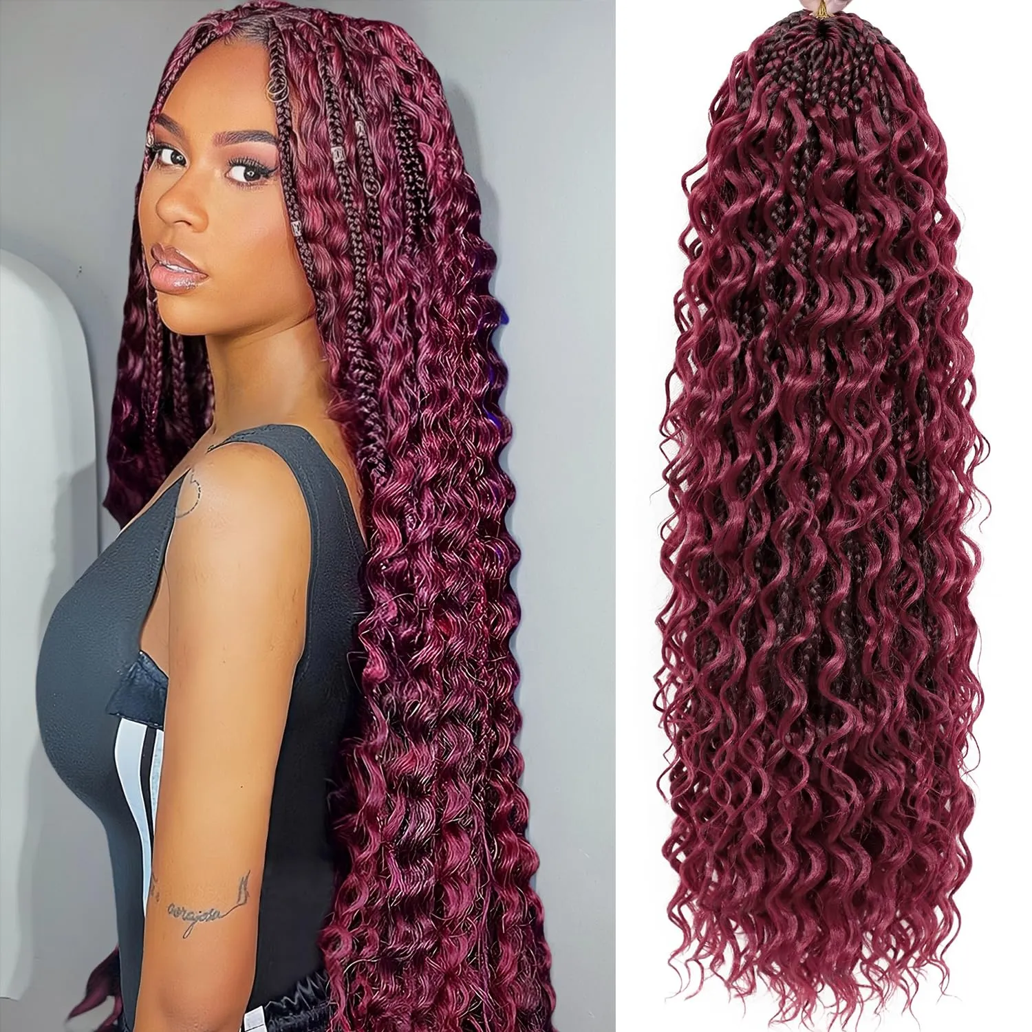 Goddess Box Braids Crochet Hair for Black Women 24 Inch 7 Packs Burgundy Boho Crochet Box Braids with Curly Ends Pre Looped Bohomian Synthetic Braiding Hair Extensions 1b/bug