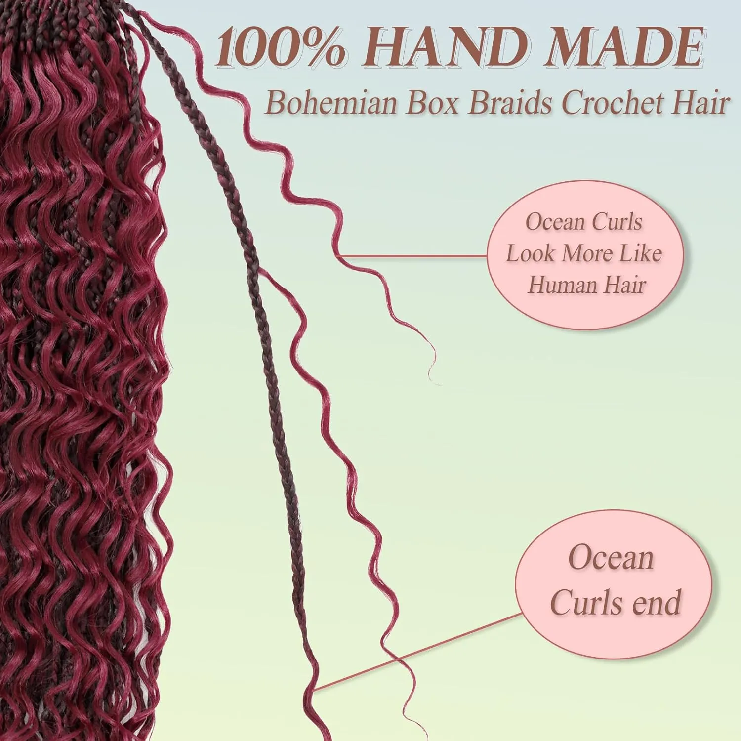 Goddess Box Braids Crochet Hair for Black Women 24 Inch 7 Packs Burgundy Boho Crochet Box Braids with Curly Ends Pre Looped Bohomian Synthetic Braiding Hair Extensions 1b/bug