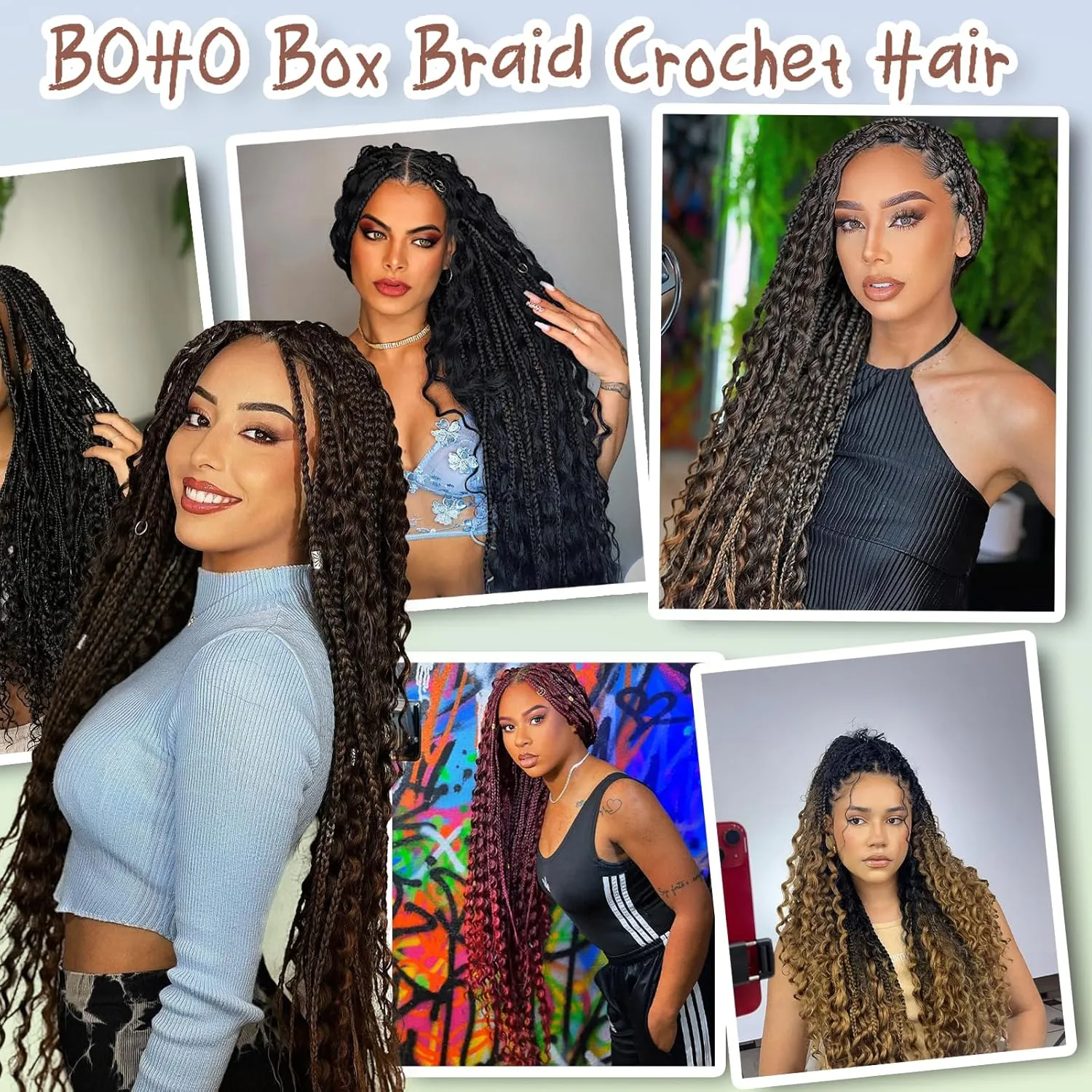 Goddess Box Braids Crochet Hair for Black Women 24 Inch 7 Packs Burgundy Boho Crochet Box Braids with Curly Ends Pre Looped Bohomian Synthetic Braiding Hair Extensions 1b/bug