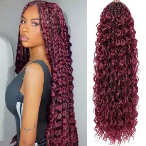 Goddess Box Braids Crochet Hair for Black Women 24 Inch 7 Packs Burgundy Boho Crochet Box Braids with Curly Ends Pre Looped Bohomian Synthetic Braiding Hair Extensions 1b/bug