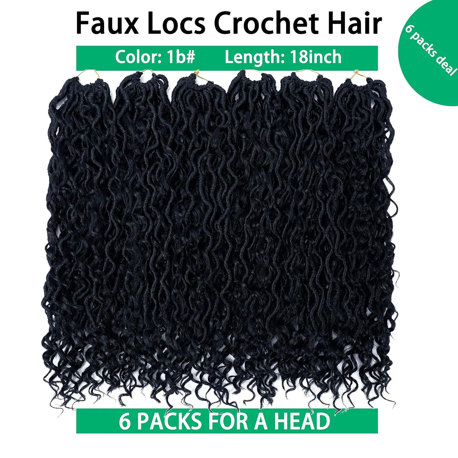 Goddess Locs Crochet Hair 18 Inch Soft River Locs - Short Curly Pre Looped Crochet Braids With Curly Ends - Synthetic Hair Extensions (6 Packs, #1B)