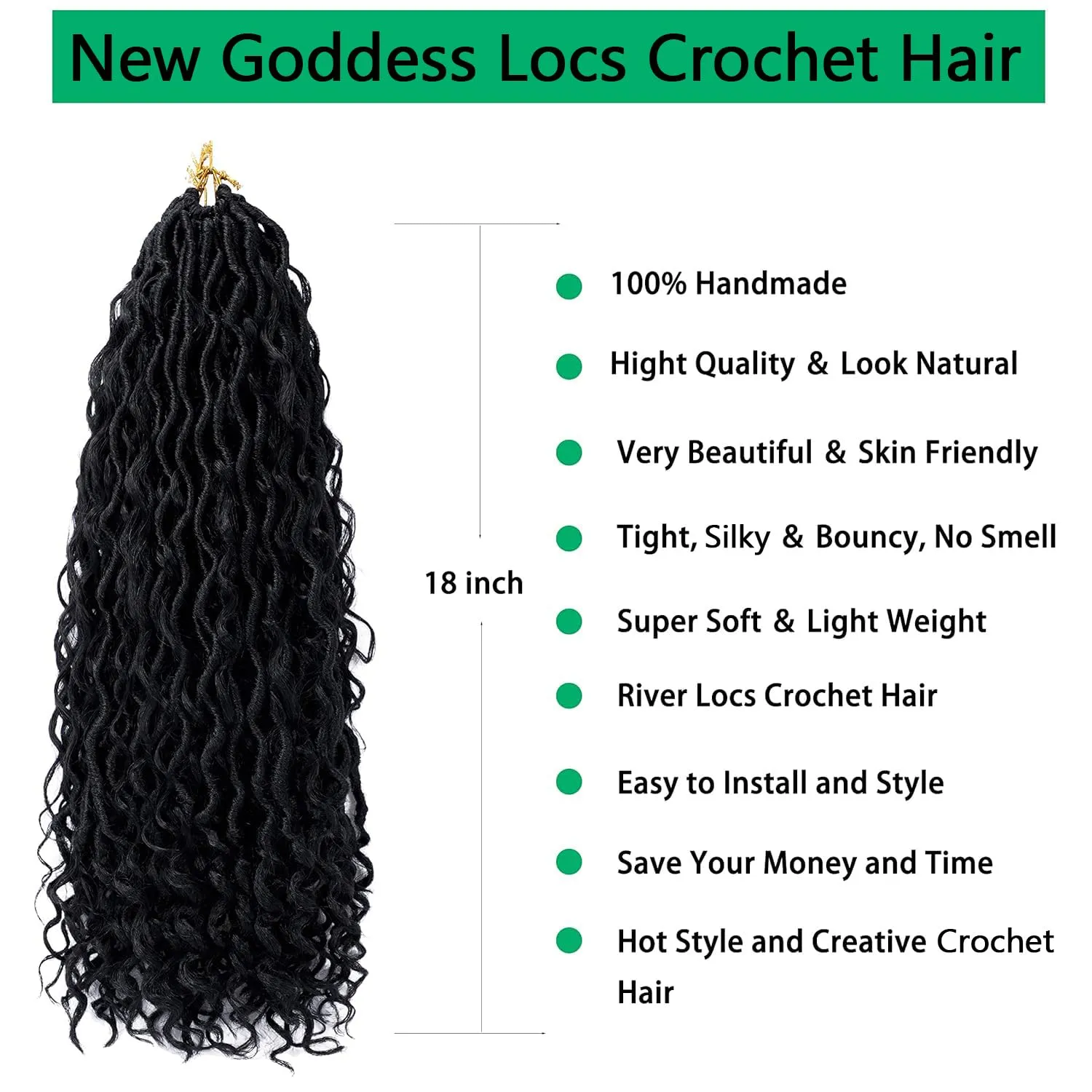 Goddess Locs Crochet Hair 18 Inch Soft River Locs - Short Curly Pre Looped Crochet Braids With Curly Ends - Synthetic Hair Extensions (6 Packs, #1B)