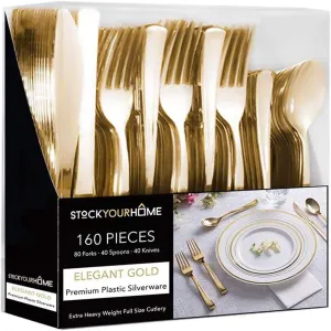 Gold Plastic Silverware Set (160 Bulk Pack) Disposable Cutlery Utensils, 80 Gold Forks, 40 Gold Knives, 40 Gold Spoons, Heavy Duty Flatware For Holidays, Parties, Dinners, Weddings, and Occasions