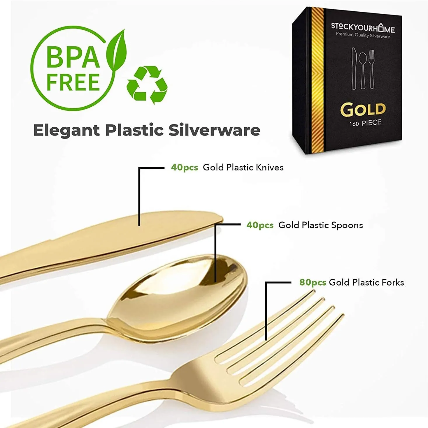 Gold Plastic Silverware Set (160 Bulk Pack) Disposable Cutlery Utensils, 80 Gold Forks, 40 Gold Knives, 40 Gold Spoons, Heavy Duty Flatware For Holidays, Parties, Dinners, Weddings, and Occasions
