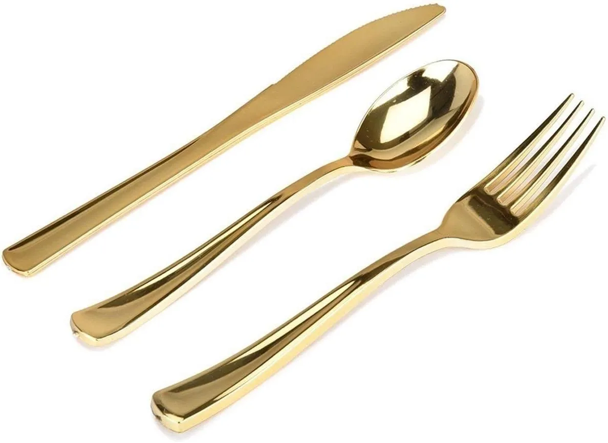 Gold Plastic Silverware Set (160 Bulk Pack) Disposable Cutlery Utensils, 80 Gold Forks, 40 Gold Knives, 40 Gold Spoons, Heavy Duty Flatware For Holidays, Parties, Dinners, Weddings, and Occasions
