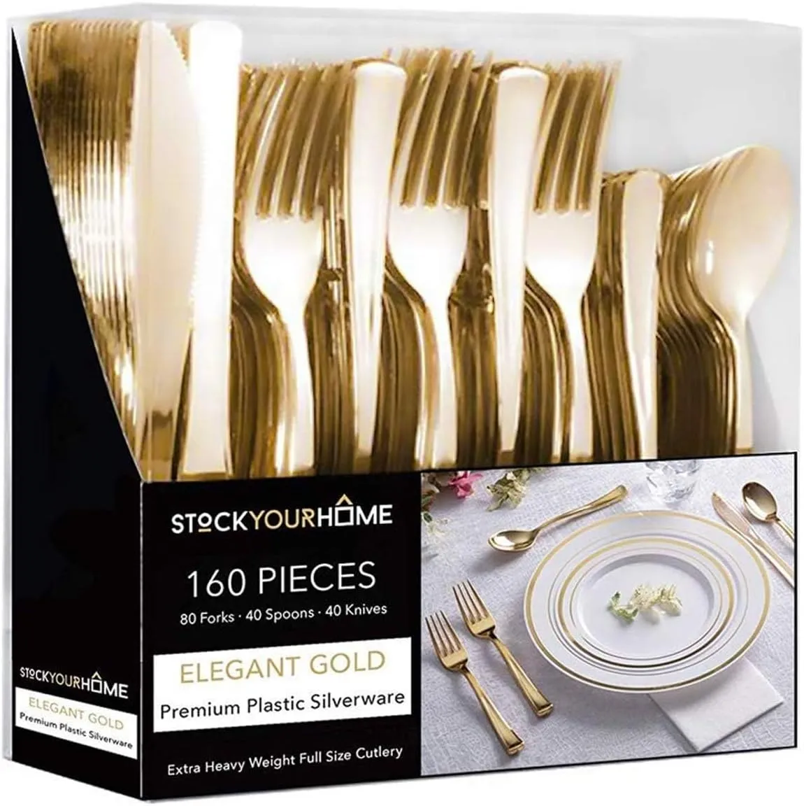 Gold Plastic Silverware Set (160 Bulk Pack) Disposable Cutlery Utensils, 80 Gold Forks, 40 Gold Knives, 40 Gold Spoons, Heavy Duty Flatware For Holidays, Parties, Dinners, Weddings, and Occasions