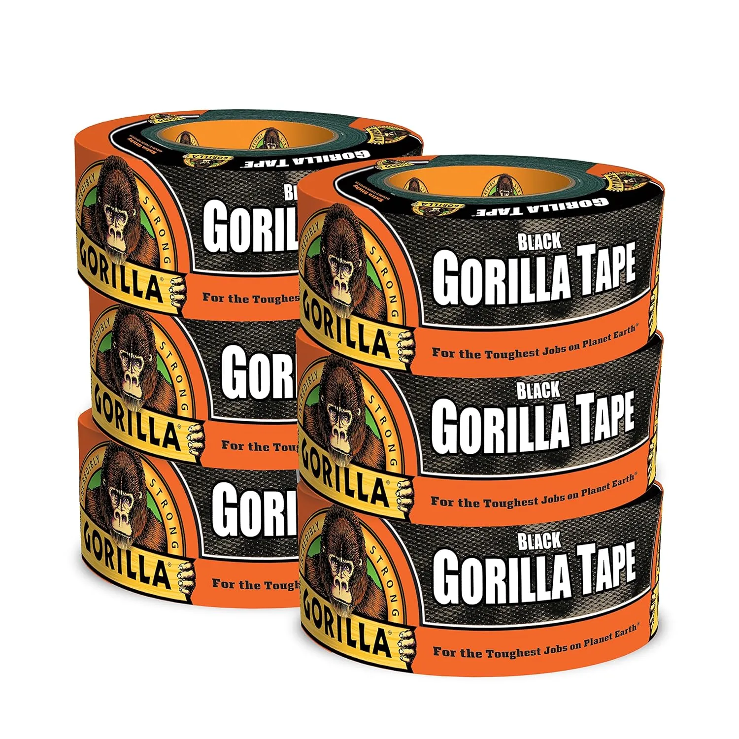 Gorilla Black Duct Tape, 1.88" x 12 yd, Black, (Pack of 6)