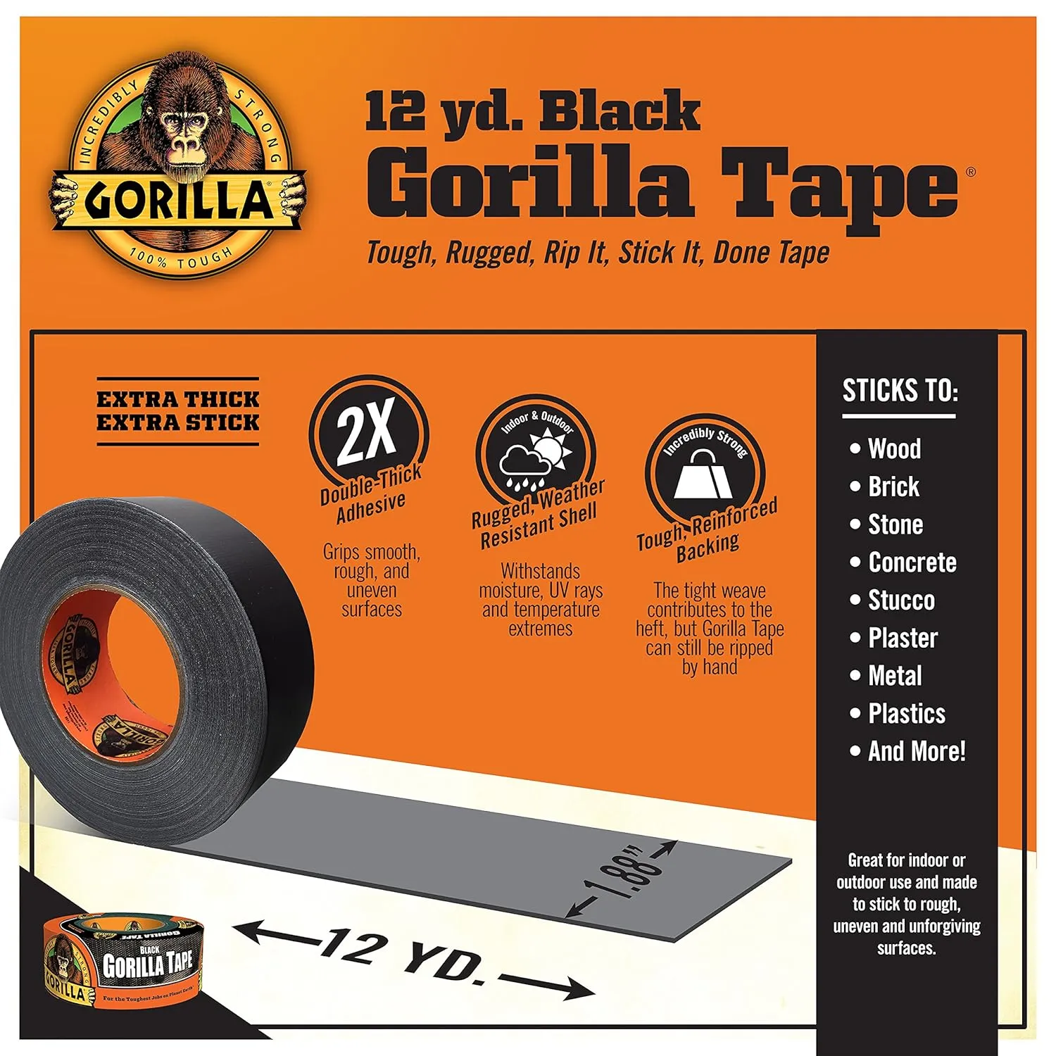 Gorilla Black Duct Tape, 1.88" x 12 yd, Black, (Pack of 6)