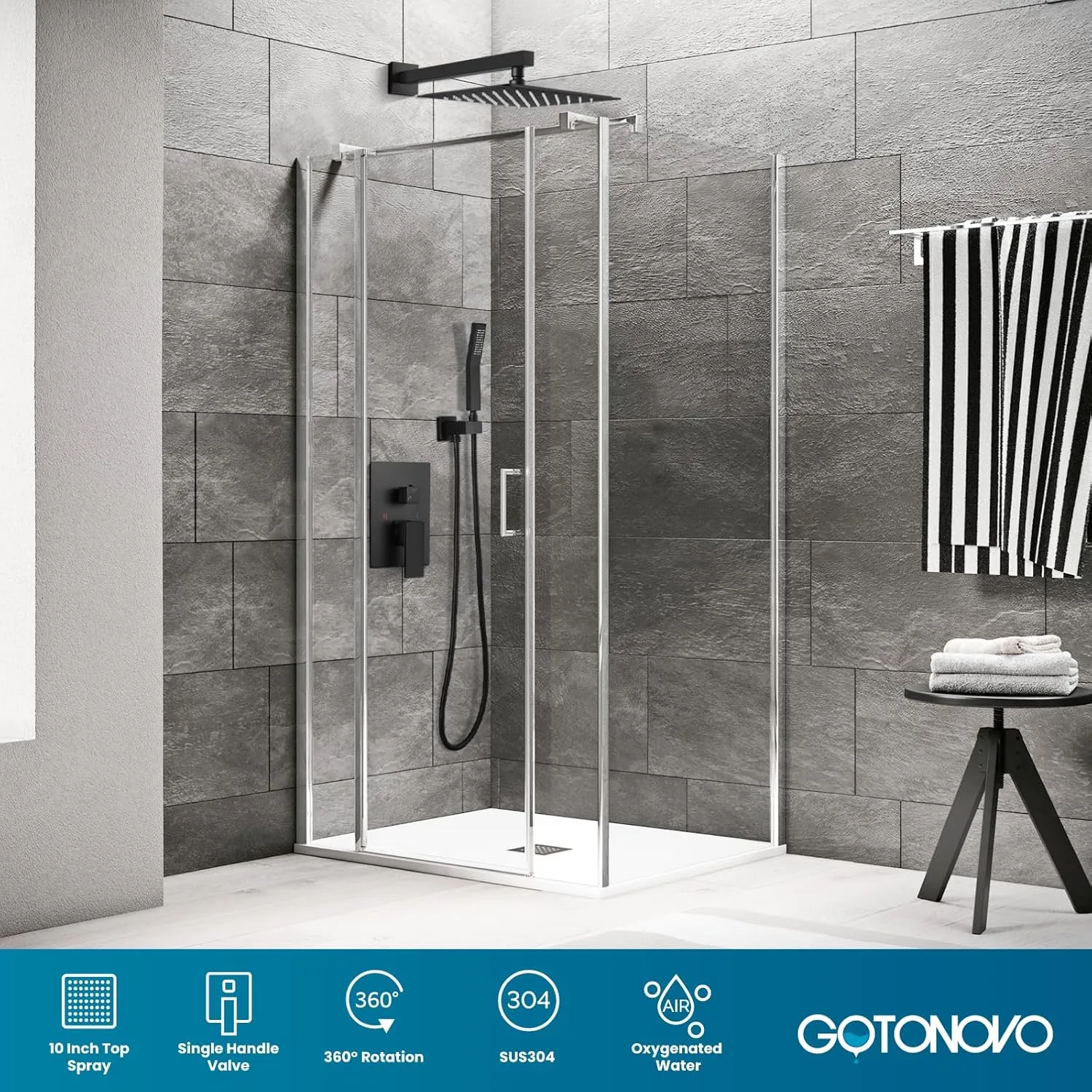 gotonovo Rainfall Bathroom Shower System Rain Shower Head and Handle Set Wall Mounted Shower Complete Combo Solid Brass Pressure Balancing Shower Mixer Valve 10 Inch Matte Black