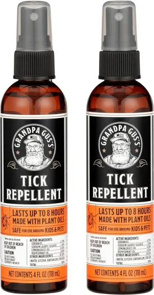 Grandpa Gus's Natural Tick Repellent Spray with Essential Oils - for Humans, DEET-Free, Up to 8 Hours of Protection, Camper Essentials, Safe Around Kids and Dogs, 4 oz (Pack of 2)