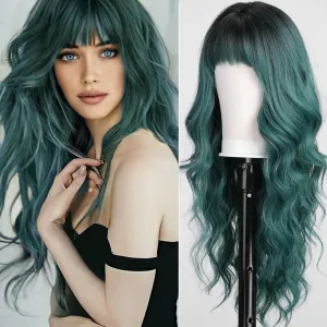 Green Wigs with Bangs,Green Wig for Women Highlight Long Wavy Wig for Women,Long Curly Wigs Synthetic Hair Wig for Party Cosplay Daily Use 26IN…