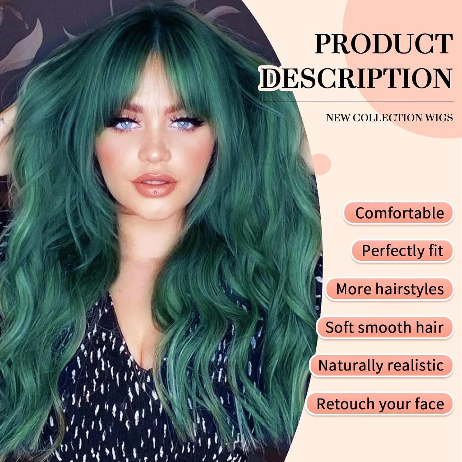Green Wigs with Bangs,Green Wig for Women Highlight Long Wavy Wig for Women,Long Curly Wigs Synthetic Hair Wig for Party Cosplay Daily Use 26IN…