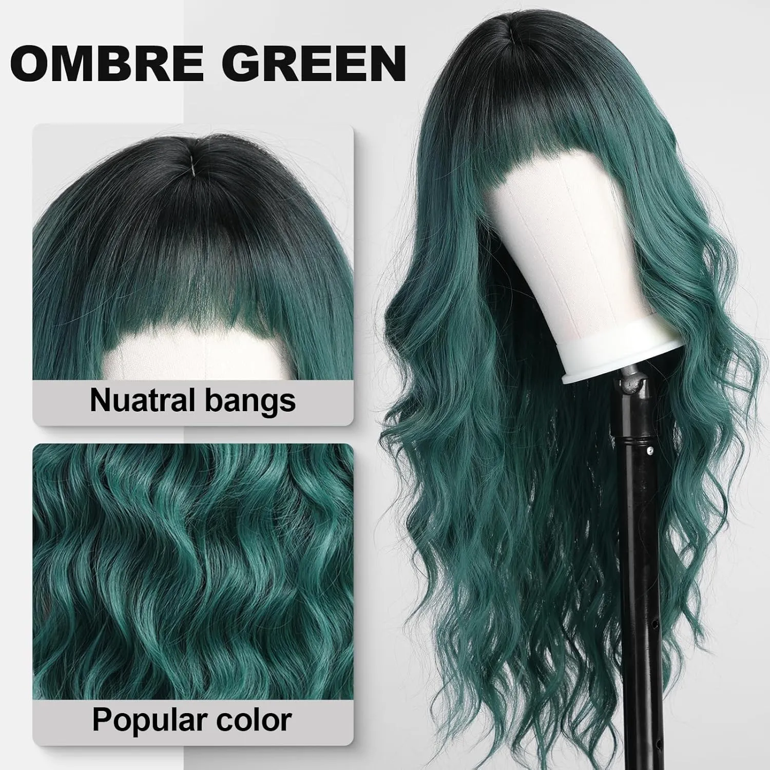 Green Wigs with Bangs,Green Wig for Women Highlight Long Wavy Wig for Women,Long Curly Wigs Synthetic Hair Wig for Party Cosplay Daily Use 26IN…