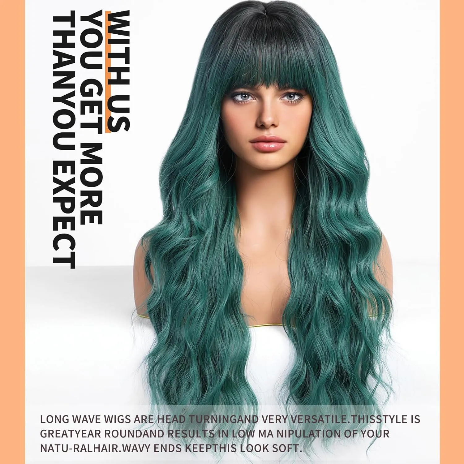 Green Wigs with Bangs,Green Wig for Women Highlight Long Wavy Wig for Women,Long Curly Wigs Synthetic Hair Wig for Party Cosplay Daily Use 26IN…