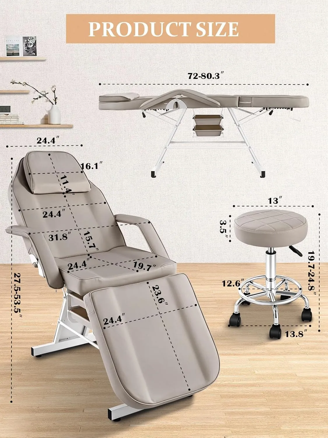 Grey Tattoo Chair for Client Rolling Stools with Wheels, Beauty Tattoo Bed Table with Storage Baskets, Adjustable Lash Bed Chair for Eyelash Extensions
