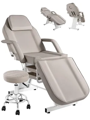 Grey Tattoo Chair for Client Rolling Stools with Wheels, Beauty Tattoo Bed Table with Storage Baskets, Adjustable Lash Bed Chair for Eyelash Extensions