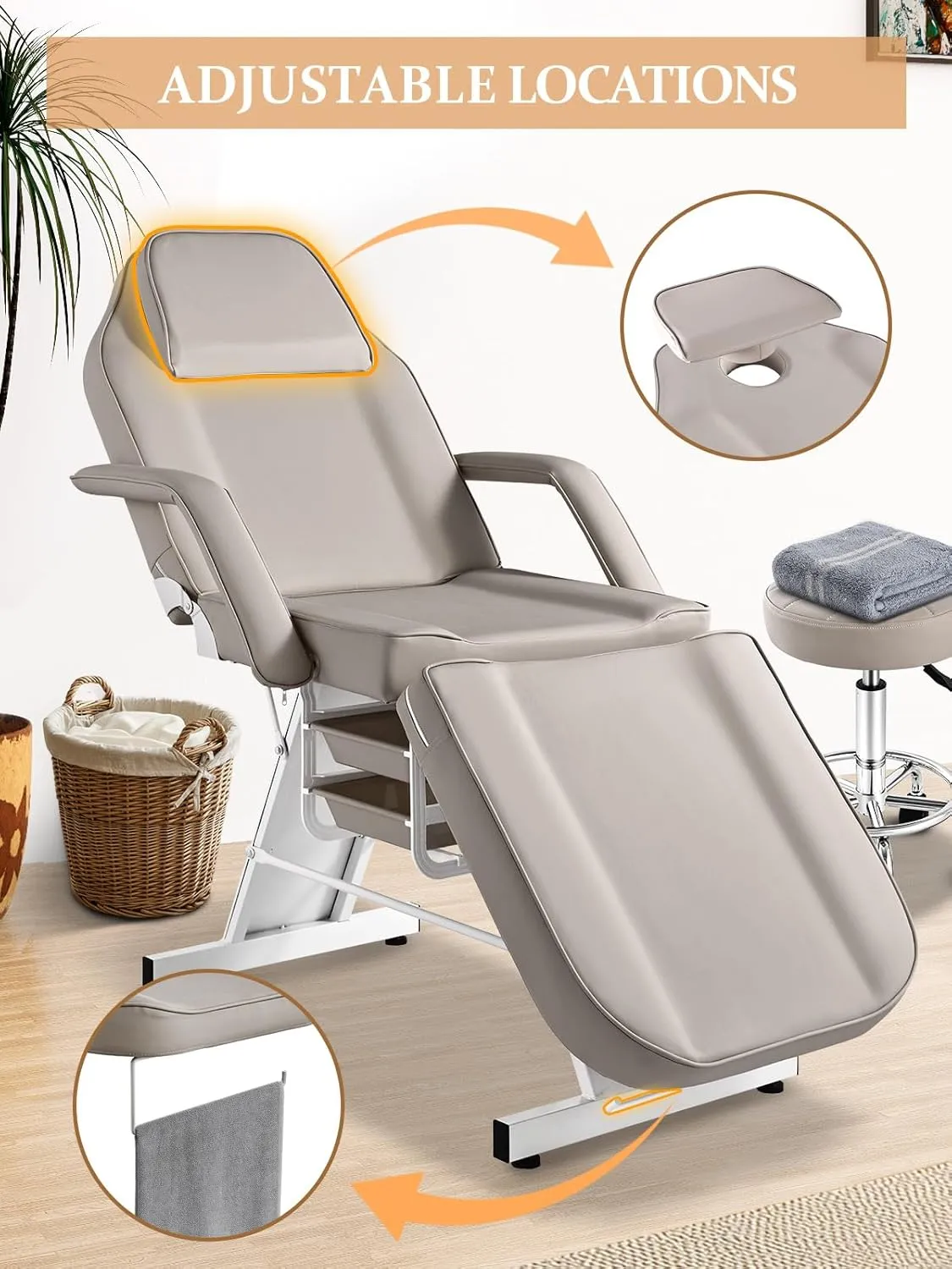 Grey Tattoo Chair for Client Rolling Stools with Wheels, Beauty Tattoo Bed Table with Storage Baskets, Adjustable Lash Bed Chair for Eyelash Extensions