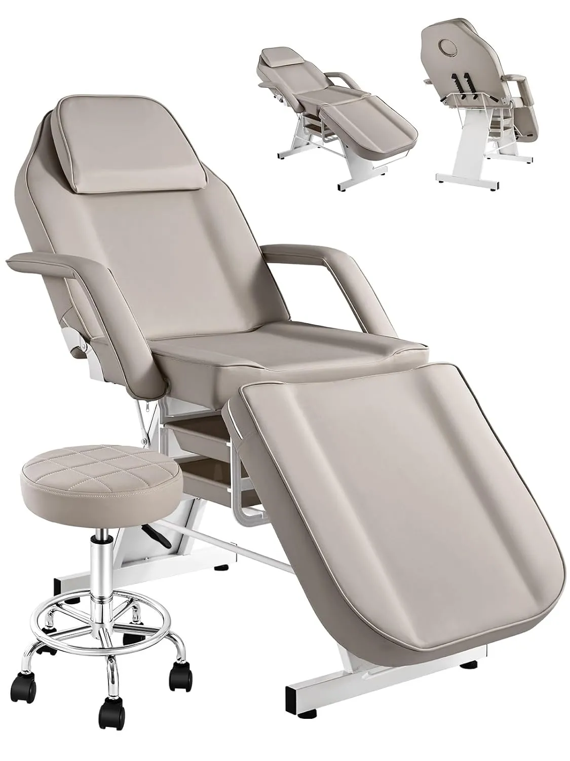 Grey Tattoo Chair for Client Rolling Stools with Wheels, Beauty Tattoo Bed Table with Storage Baskets, Adjustable Lash Bed Chair for Eyelash Extensions