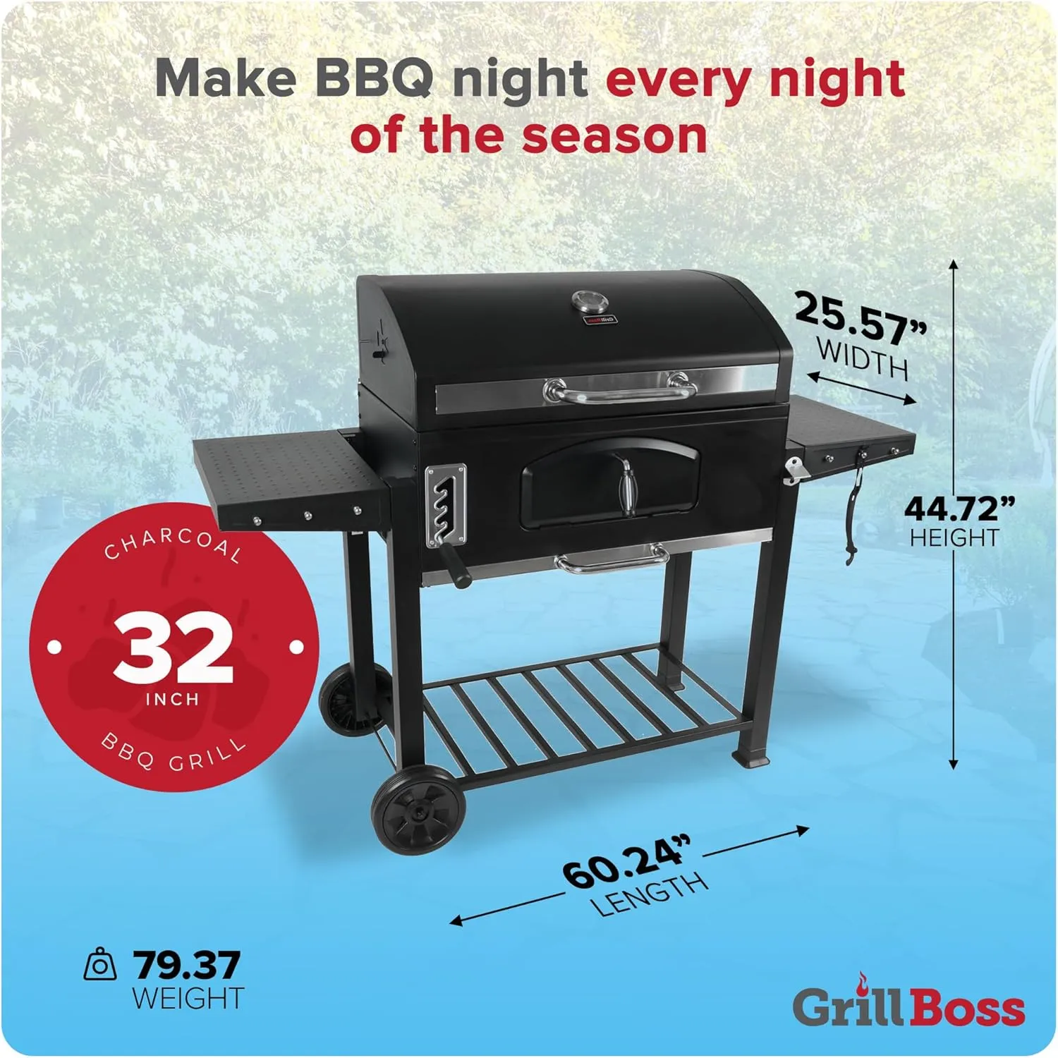 Grill Boss 32 Inch Charcoal BBQ Grill with Side Shelves, Built-In Thermometer, Black