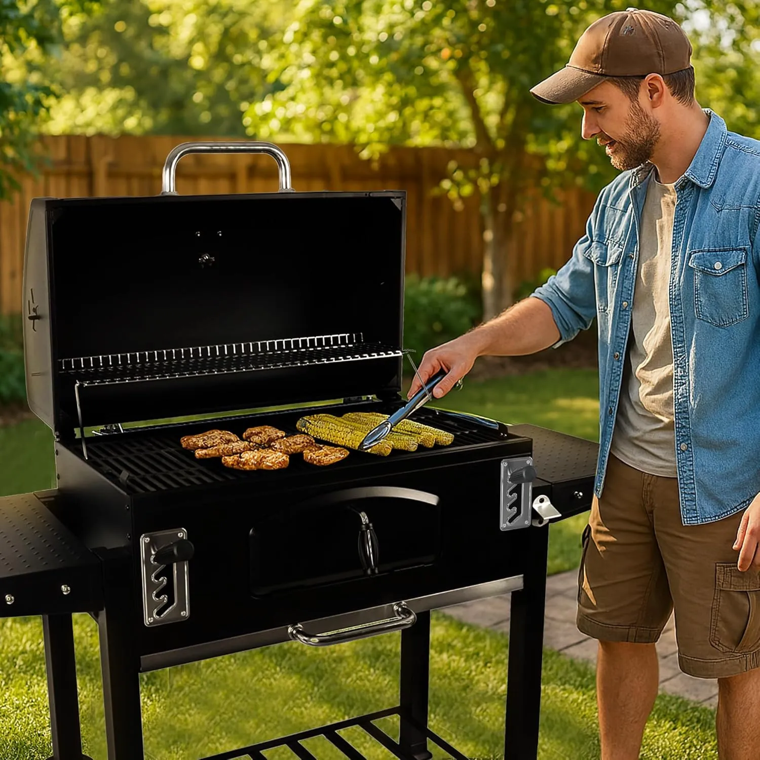 Grill Boss 32 Inch Charcoal BBQ Grill with Side Shelves, Built-In Thermometer, Black