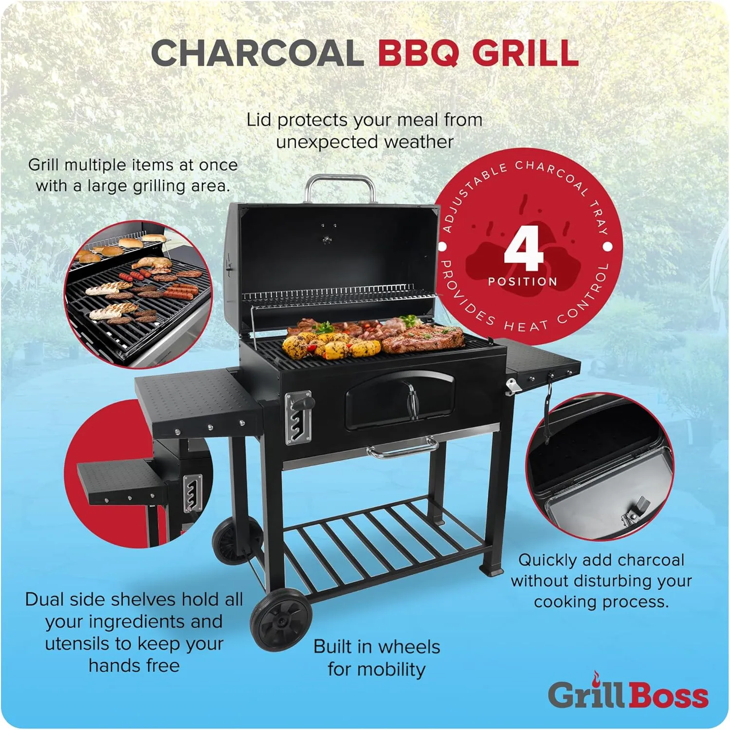 Grill Boss 32 Inch Charcoal BBQ Grill with Side Shelves, Built-In Thermometer, Black