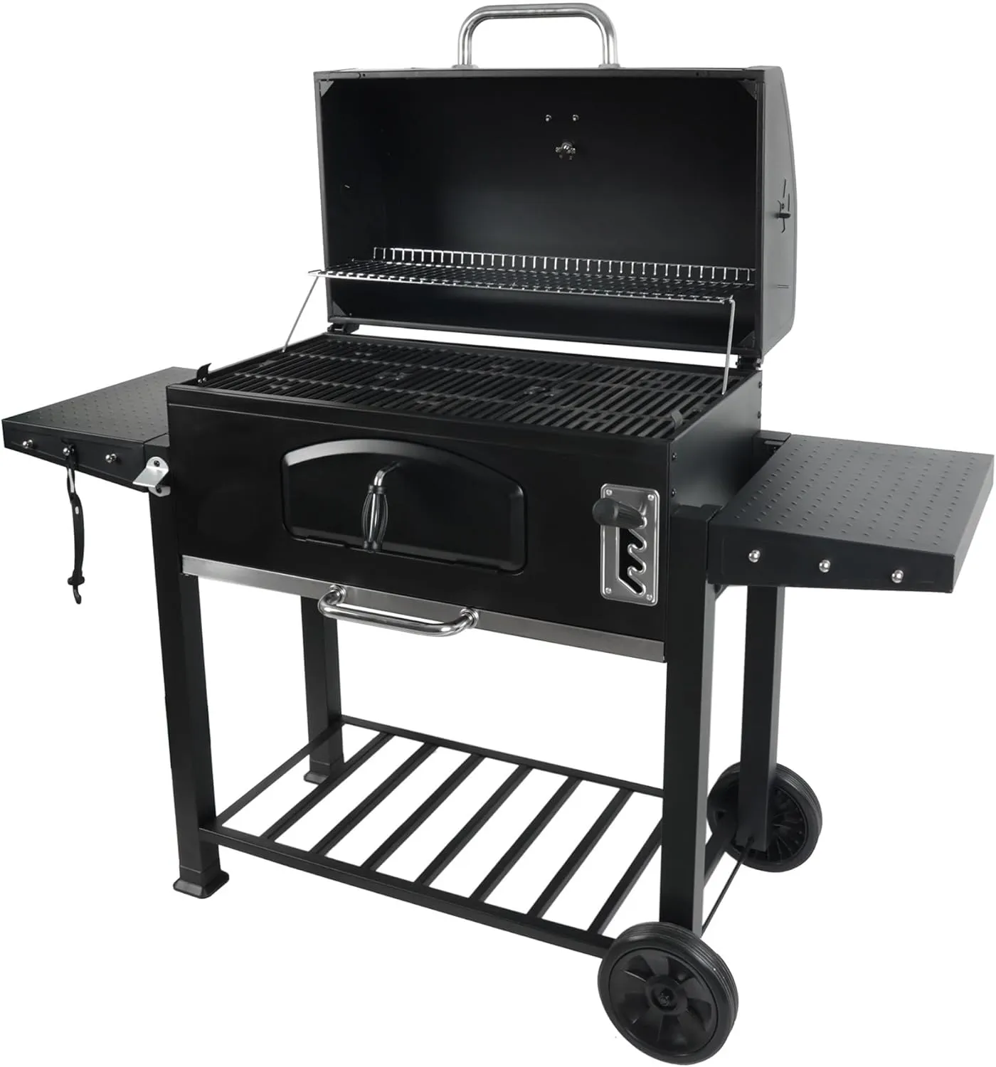 Grill Boss 32 Inch Charcoal BBQ Grill with Side Shelves, Built-In Thermometer, Black