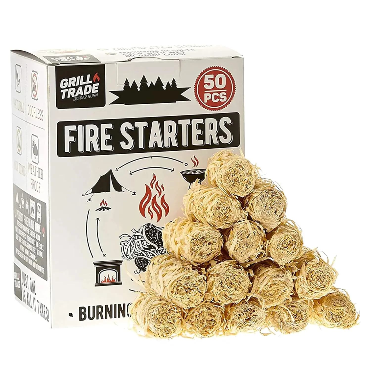 Grill Trade Fire Starters - 50 Pieces Grill Starter Made of Pine Wood Shavings - Food-Grade Wax with 8-10 Minutes Burning Time - Weatherproof and Odorless - Ideal for Indoor or Outdoor Use