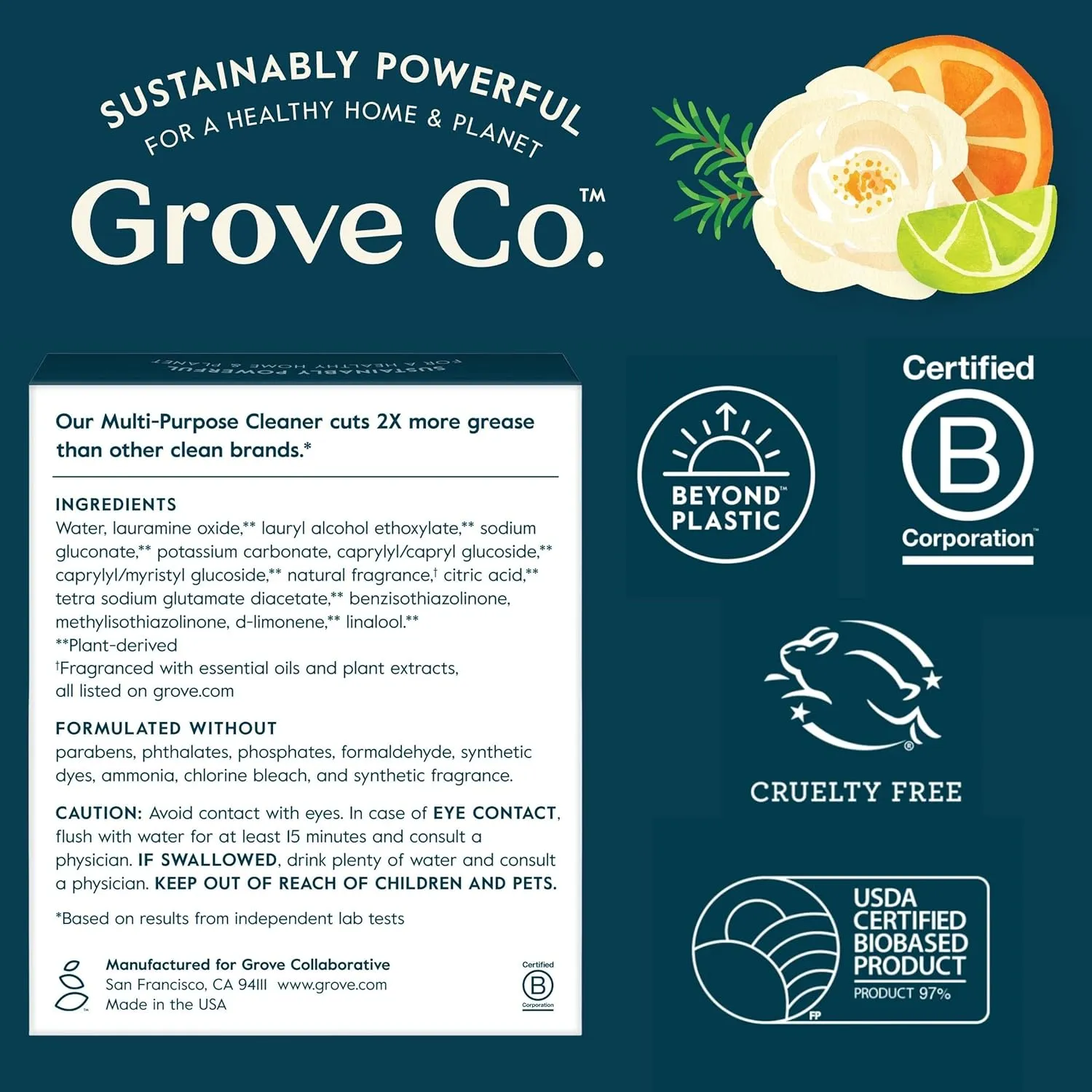 Grove Co. Multi-Purpose Cleaner, Refill Concentrate (6 x 1 Fl Oz) Plant-based Household Cleaning Supplies, Ammonia & Chlorine Free, No Plastic Waste, 3 Scent Variety Pack, Total 3 x 2 Pack Refills