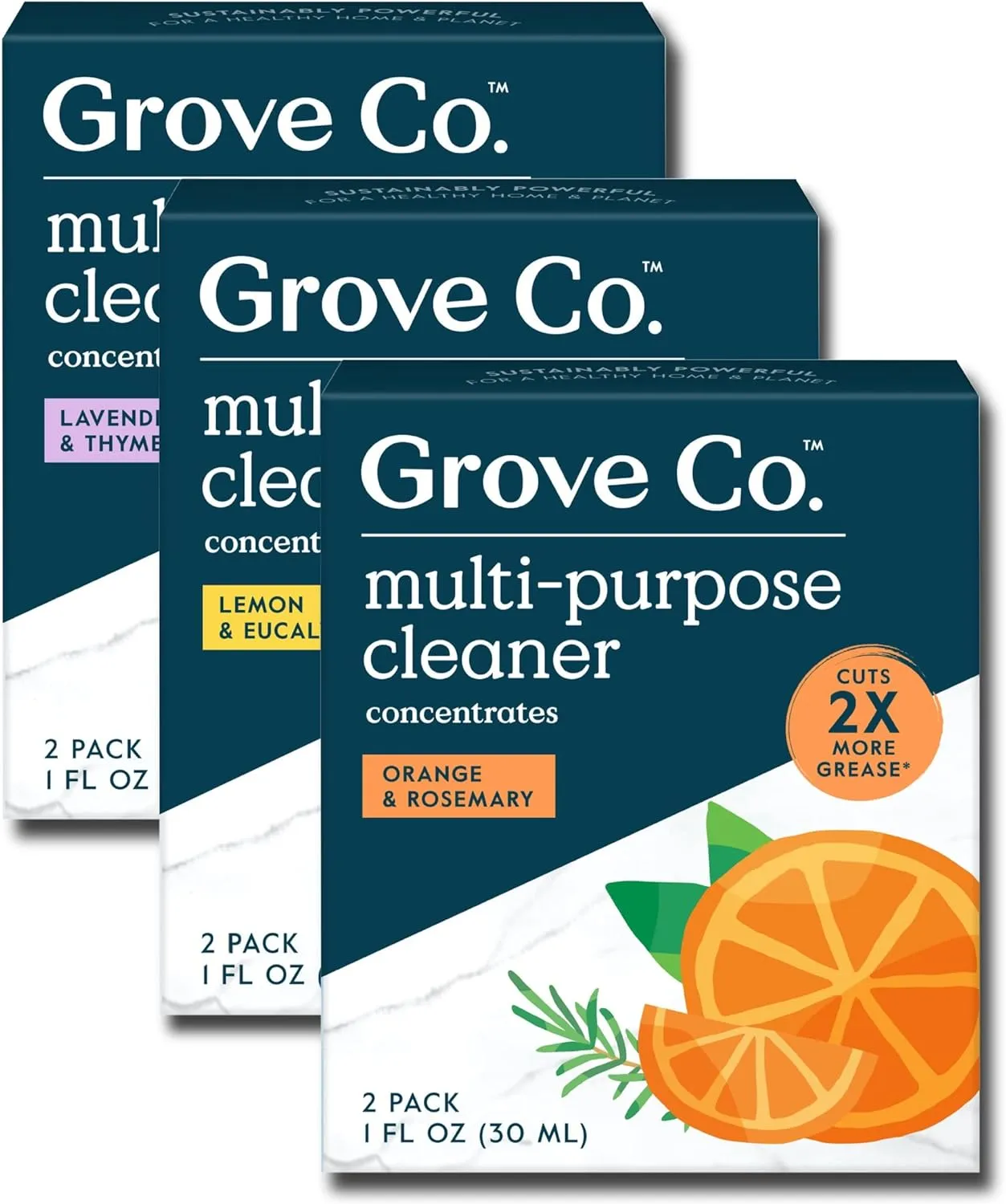 Grove Co. Multi-Purpose Cleaner, Refill Concentrate (6 x 1 Fl Oz) Plant-based Household Cleaning Supplies, Ammonia & Chlorine Free, No Plastic Waste, 3 Scent Variety Pack, Total 3 x 2 Pack Refills