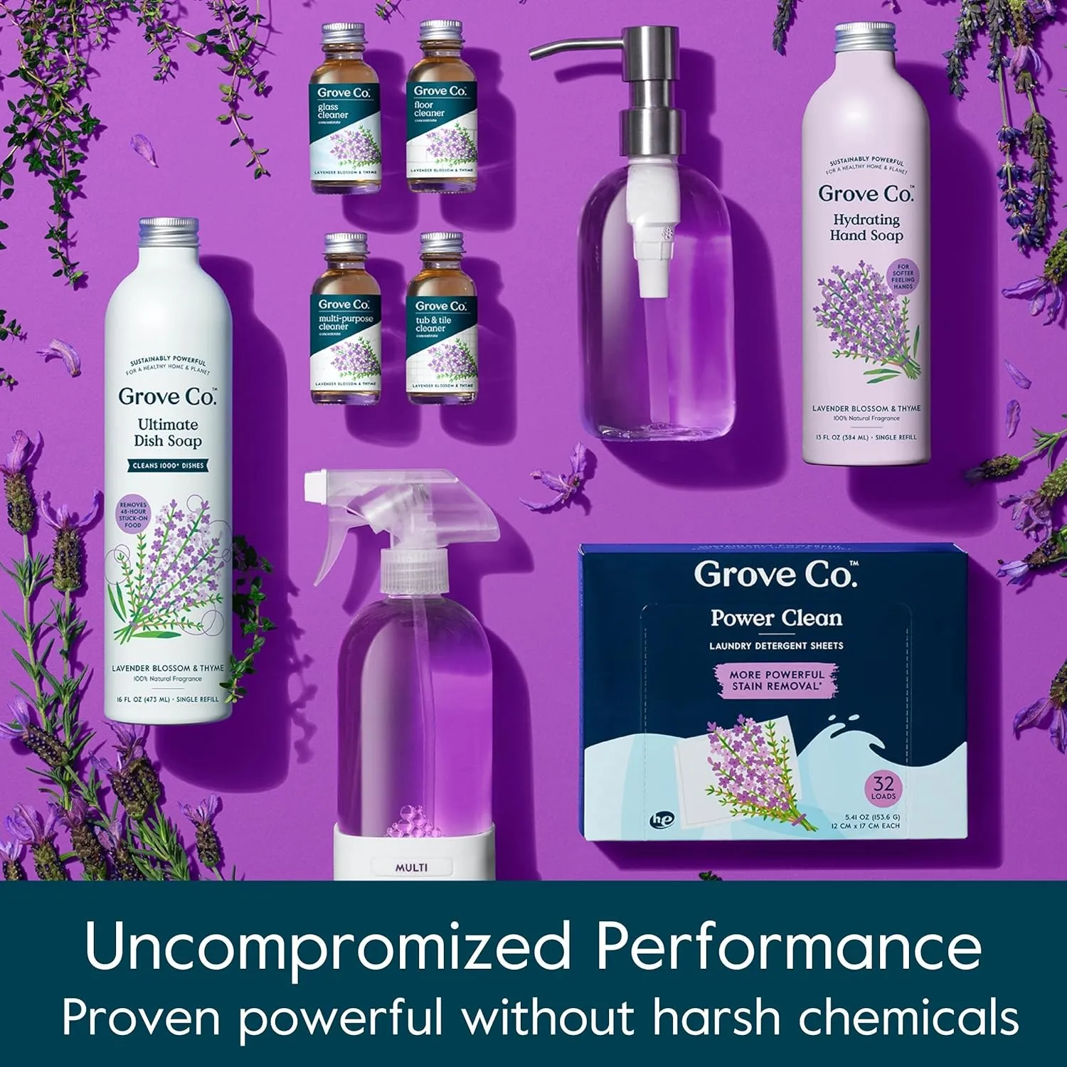 Grove Co. Multi-Purpose Cleaner, Refill Concentrate (6 x 1 Fl Oz) Plant-based Household Cleaning Supplies, Ammonia & Chlorine Free, No Plastic Waste, 3 Scent Variety Pack, Total 3 x 2 Pack Refills