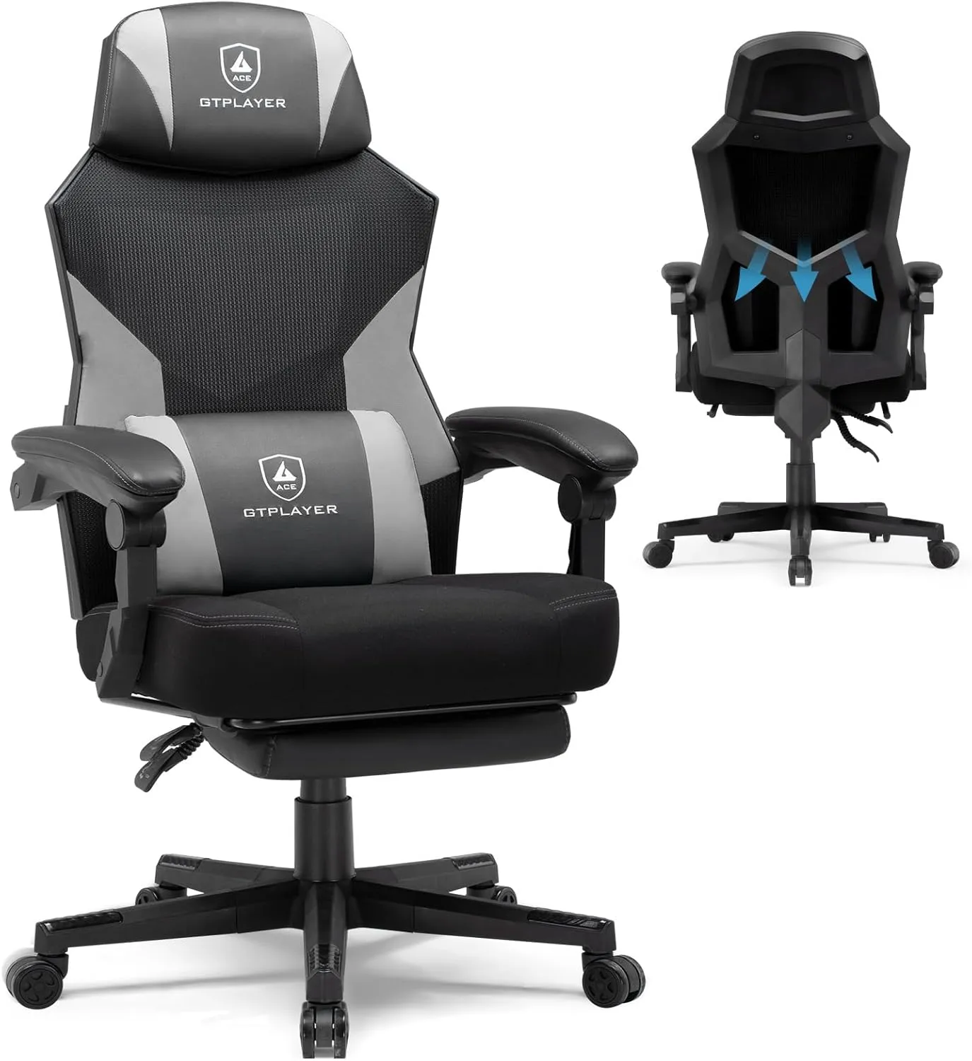 GTPLAYER Gaming Chair, Breathable Mesh Game Chair with Wider Cushion, Ergonomic Gamer Chair with Lumbar Support and Footrest, Height Adjustable Computer Office Chair for Adults (Gray)