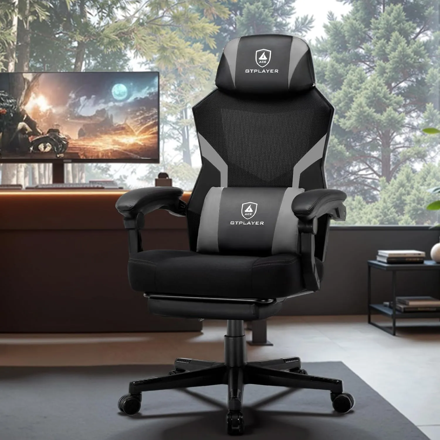 GTPLAYER Gaming Chair, Breathable Mesh Game Chair with Wider Cushion, Ergonomic Gamer Chair with Lumbar Support and Footrest, Height Adjustable Computer Office Chair for Adults (Gray)