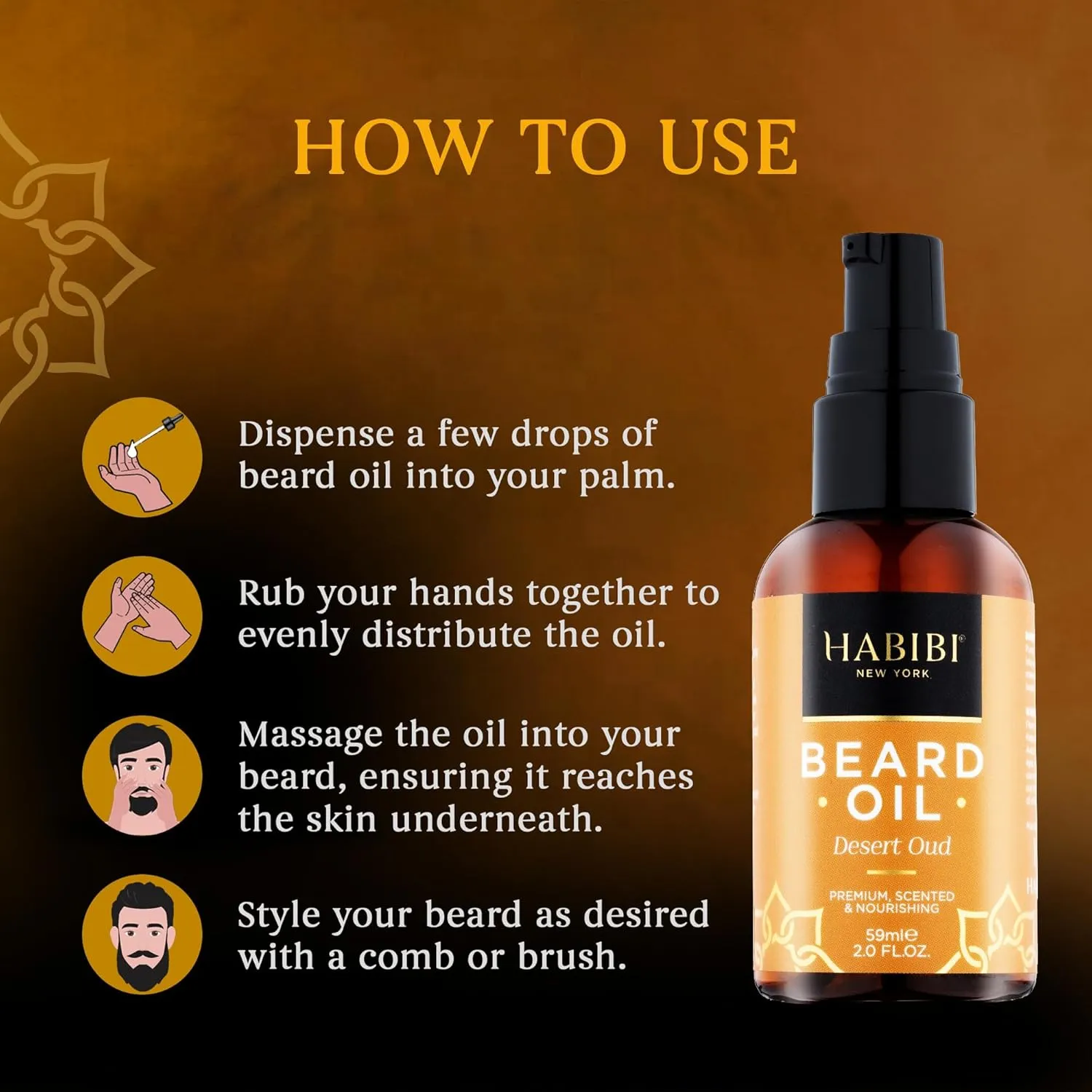 HABIBI Desert Oud Beard Oil (2.0 Fl. Oz) Naturally Derived Scented Beard Oil For Men, Beard Growth Oil, and Beard Care Essentials – Hydrates, Nourishes, and Promotes Healthy Beard Growth, Made in USA