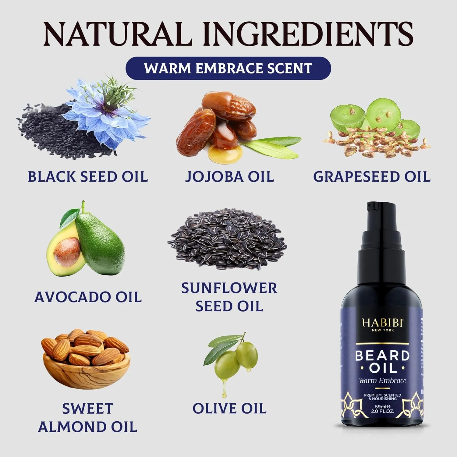 HABIBI Warm Embrace Beard Oil (2.0 Fl. Oz) Naturally Derived Scented Beard Oil For Men, Beard Growth Oil, & Beard Care Essentials – Hydrates, Nourishes, and Promotes Healthy Beard Growth, Made in USA