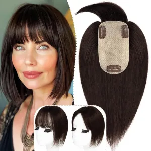 Hair Toppers for Women Real Human Hair with Bangs Extensions for Thinning Hair 150% Density 7 * 13CM Silk Base Clip in Hair Pieces Straight Hairpiece Wiglets 10 Inch #2 Dark Brown