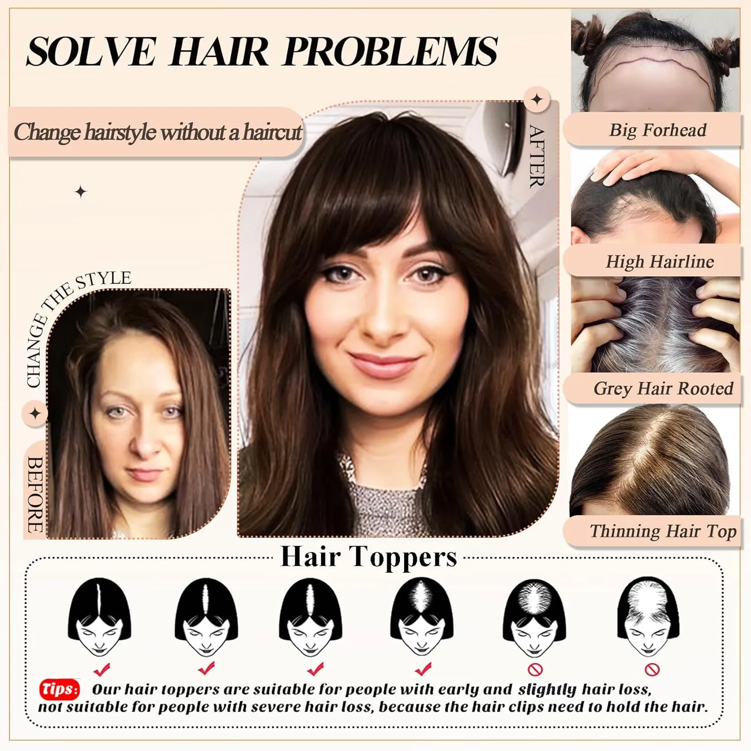 Hair Toppers for Women Real Human Hair with Bangs Extensions for Thinning Hair 150% Density 7 * 13CM Silk Base Clip in Hair Pieces Straight Hairpiece Wiglets 10 Inch #2 Dark Brown