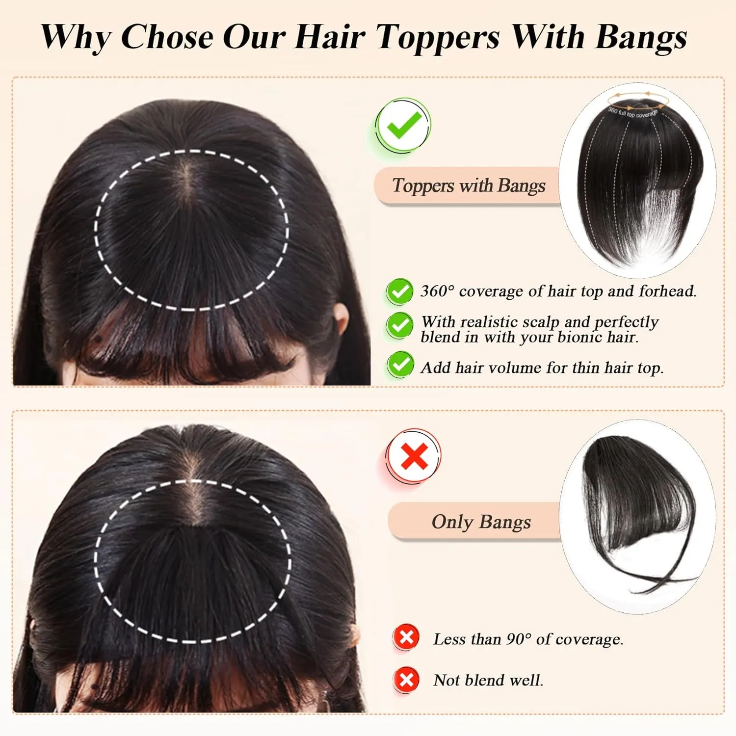 Hair Toppers for Women Real Human Hair with Bangs Extensions for Thinning Hair 150% Density 7 * 13CM Silk Base Clip in Hair Pieces Straight Hairpiece Wiglets 10 Inch #2 Dark Brown