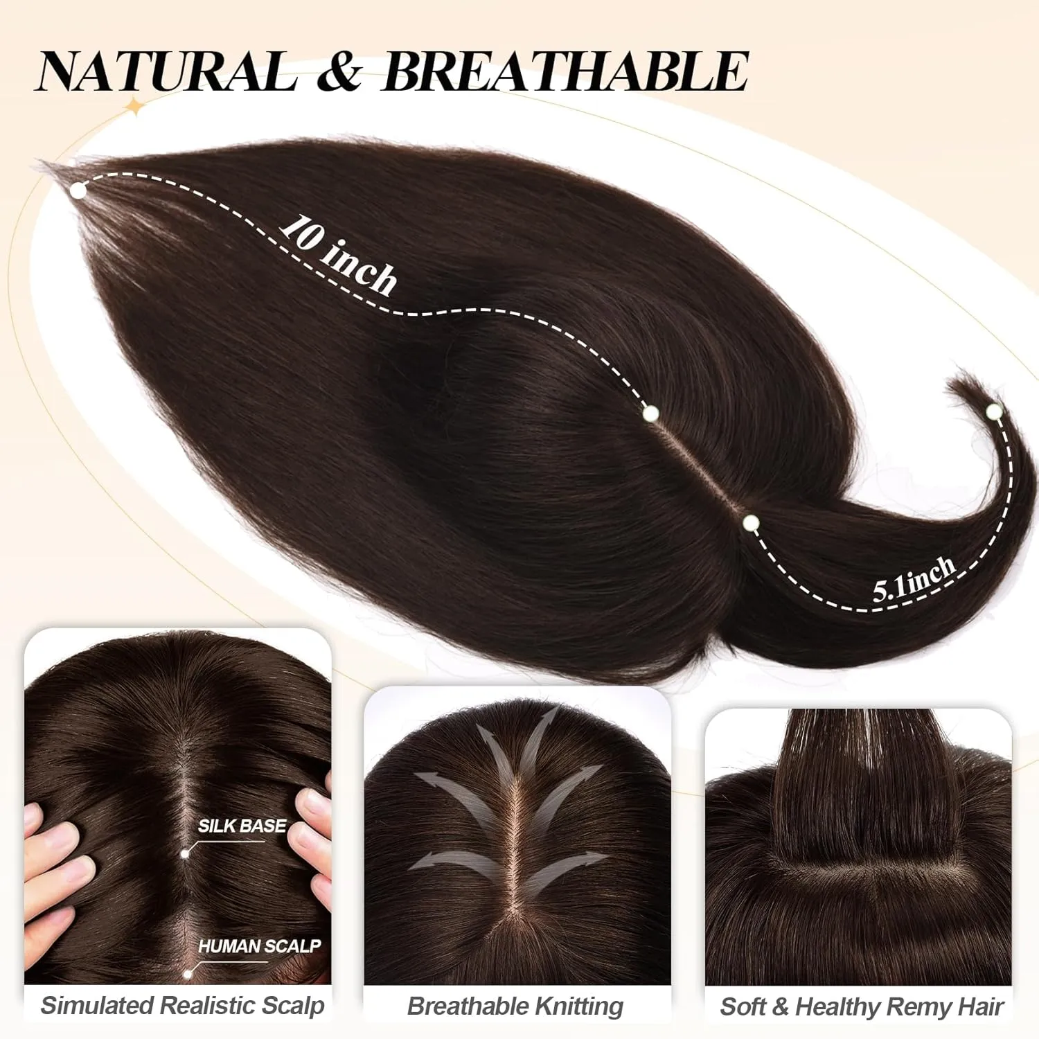 Hair Toppers for Women Real Human Hair with Bangs Extensions for Thinning Hair 150% Density 7 * 13CM Silk Base Clip in Hair Pieces Straight Hairpiece Wiglets 10 Inch #2 Dark Brown