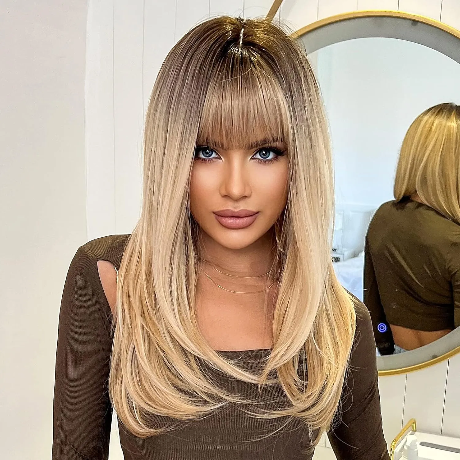 HAIRCUBE Long Blonde Wigs for Women Straight Synthetic Layered Wig with Bangs and Dark Roots