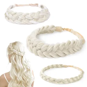 Hann 3 Pieces 5 Strands Synthetic Hair Braided Headband Classic Chunky Wide Plaited Braids Elastic Stretch Hair Piece Women Girl Beauty accessory (White Mixed Blond)